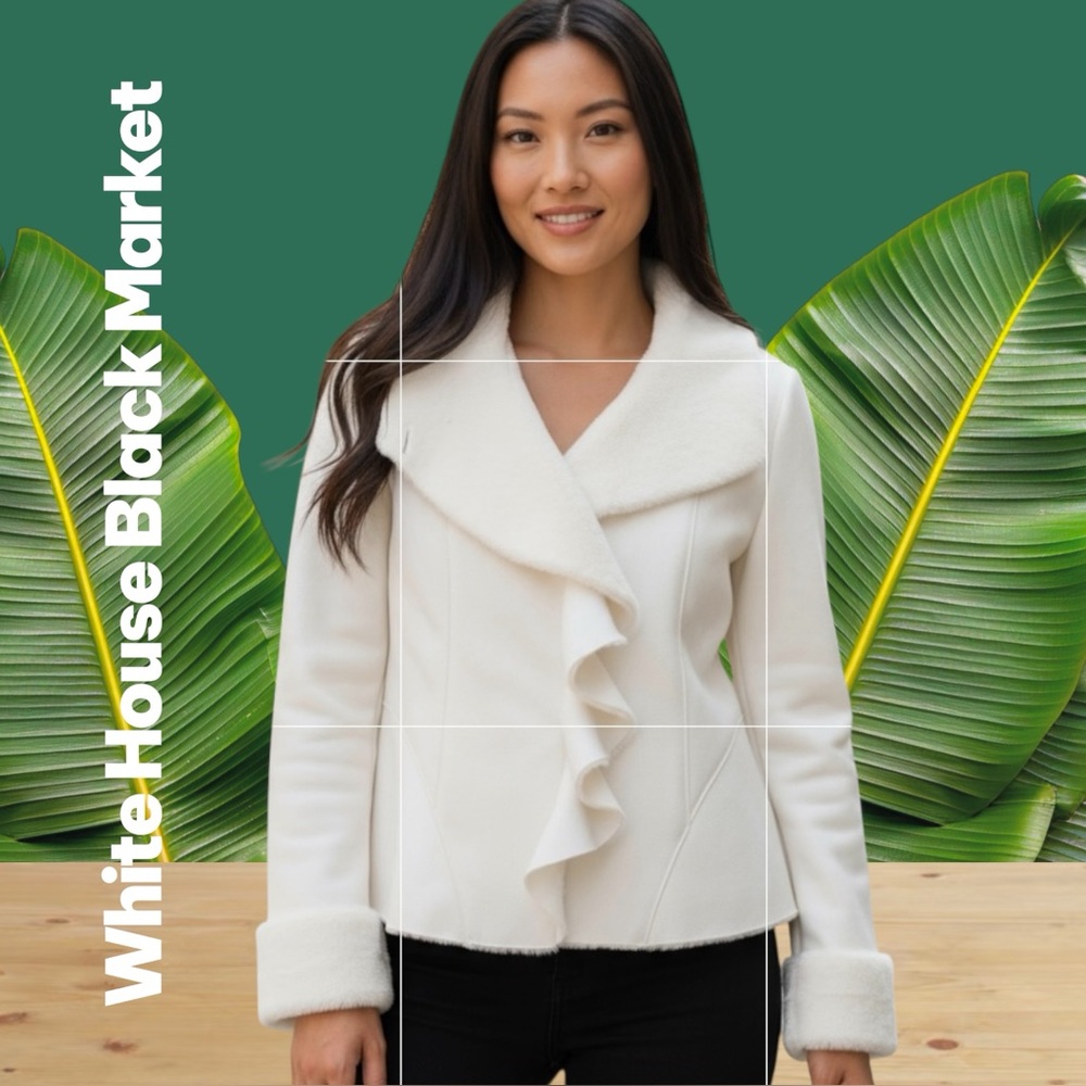 White House Black Market Ruffle Jacket Ivory Faux Fur Faux Suede Coat Sz M NWOT